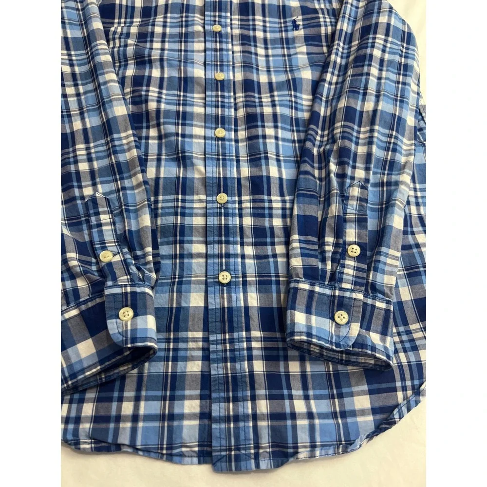 Ralph Lauren Button Down Shirt Boys Large 14-16 Blue Excellent Plaid Classic A56
